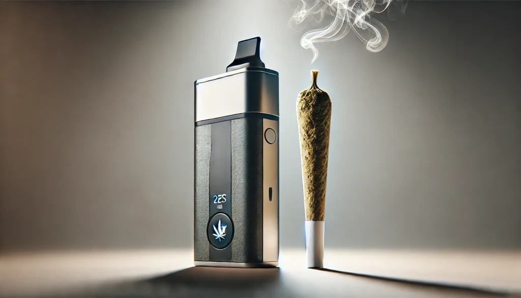 a vape and a joint side by side depicting smoking vs vaping