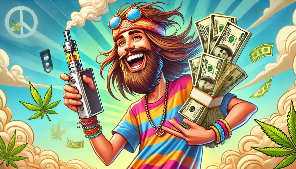 hippie holding a bundle of cash in one arm and a dry herb vape in the other