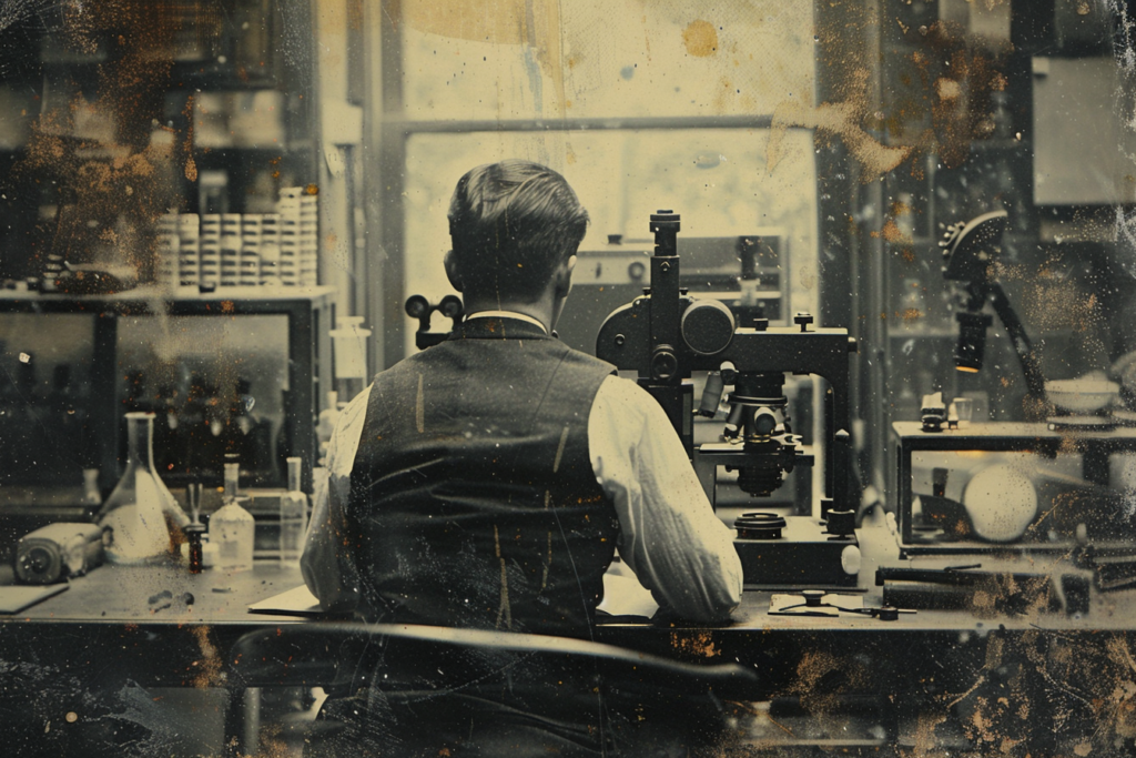 Old image of scientist in a laboratory studying terpenes