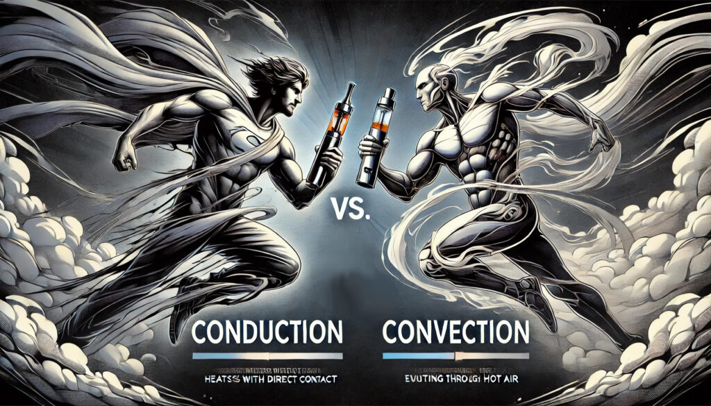 two superheroes labeled "conduction" and "convection" do battle